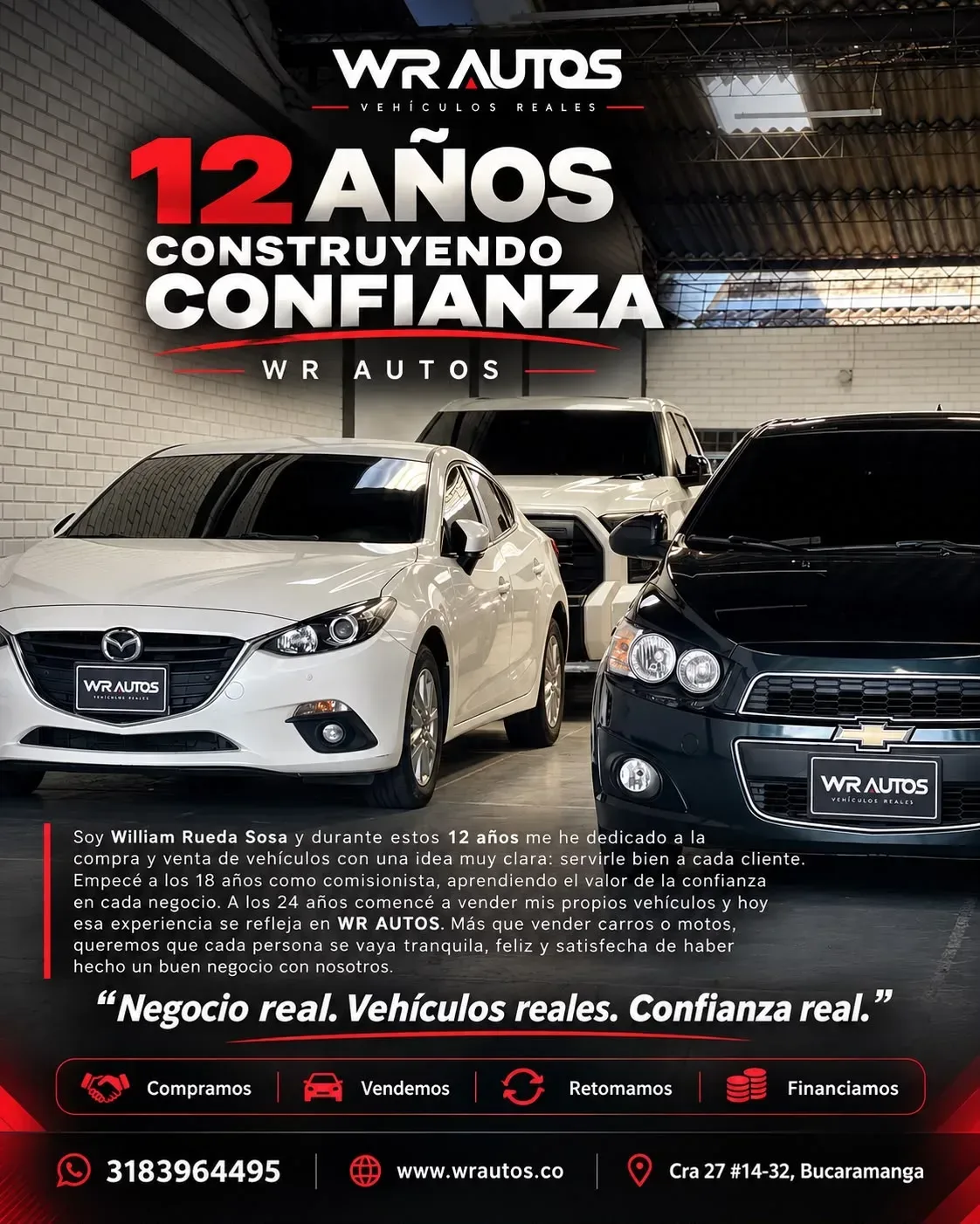 Flyer de marca de WR Autos — 12 años construyendo confianza